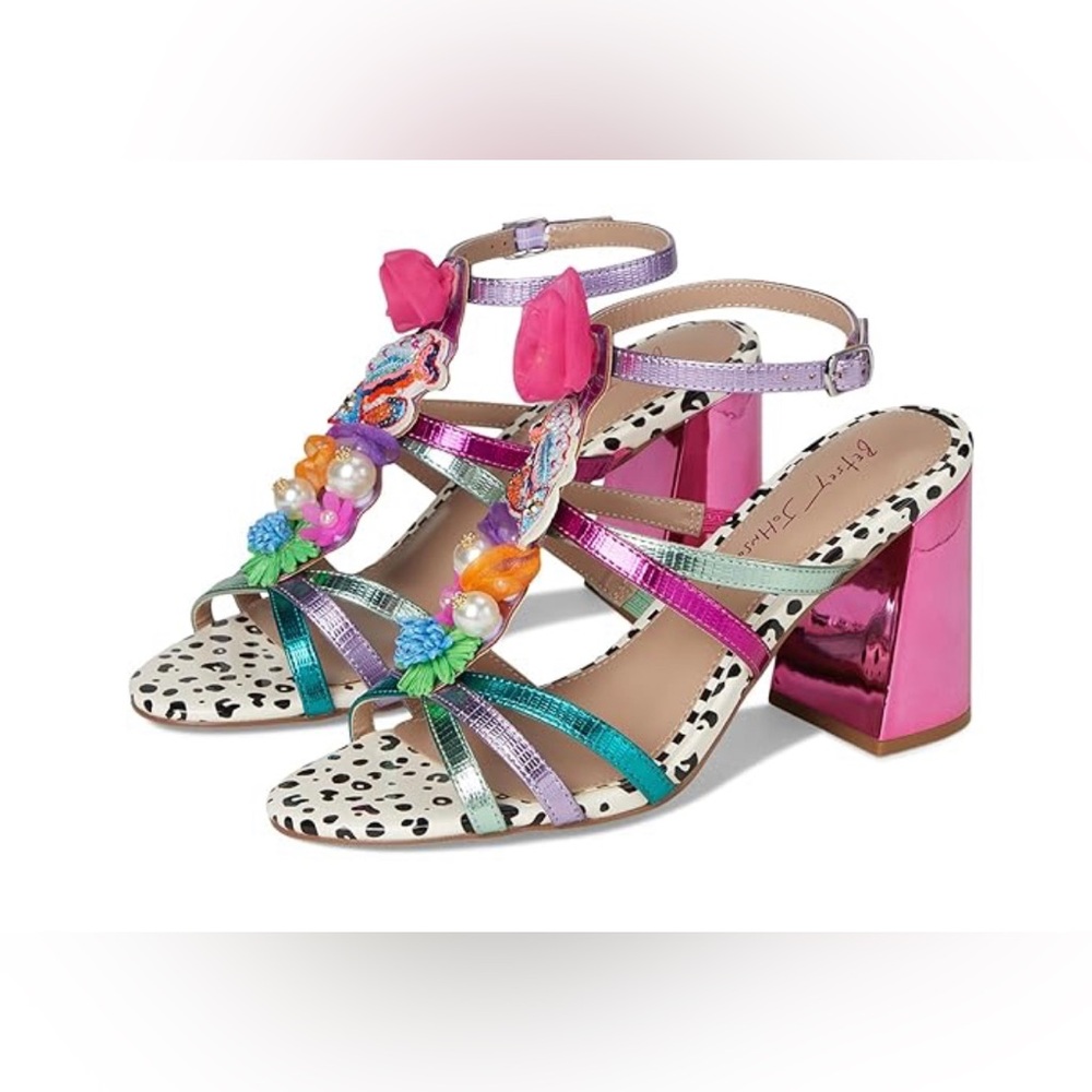 Betsey Johnson Azallia Sandals Womens Sz 8 Pink Multi Metallic Floral Block Heel